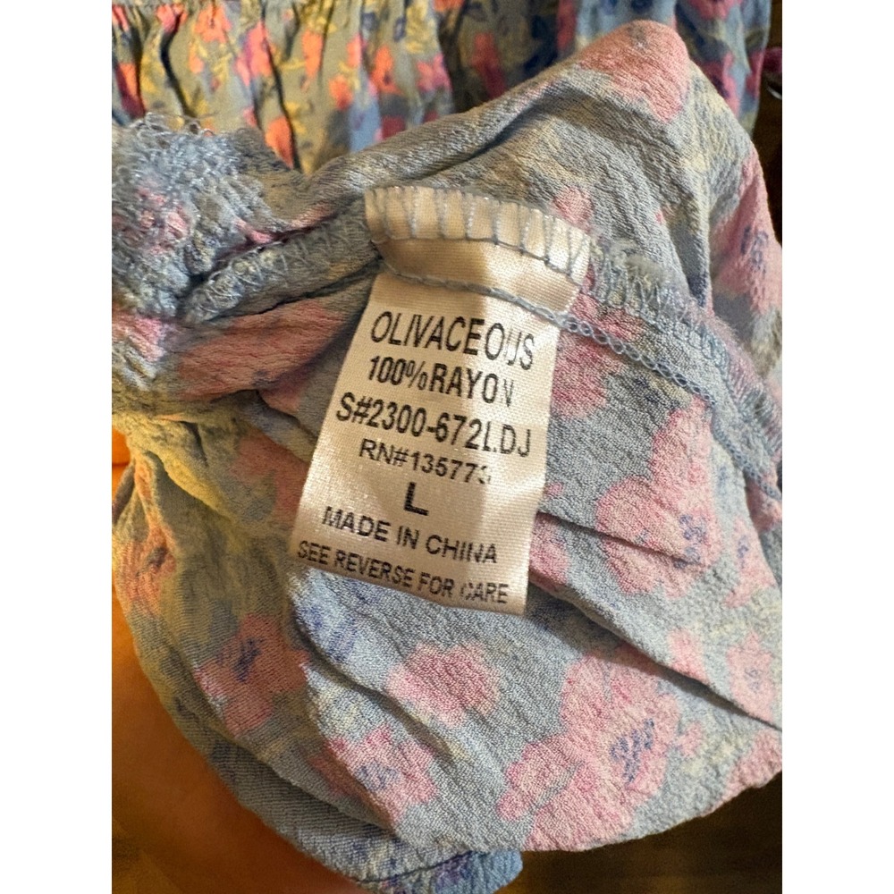 Olivaceous Blue Pink Floral Puff Sleeve Mini Dress Smocked Back L S#2300-672LDJ - Picture 6 of 6